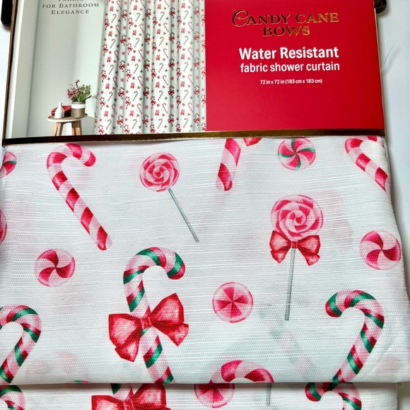 Christmas Candy Cane Bows Fabric Shower Curtain Pink Red Pinkmas Ribbons Sweets - Picture 3 of 9